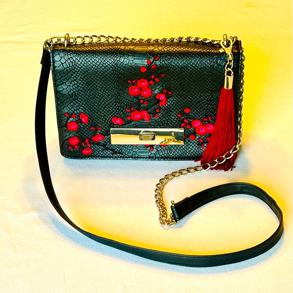 Cute Small Pocket Book With Red Embroidery Flowers And A Red Tassel